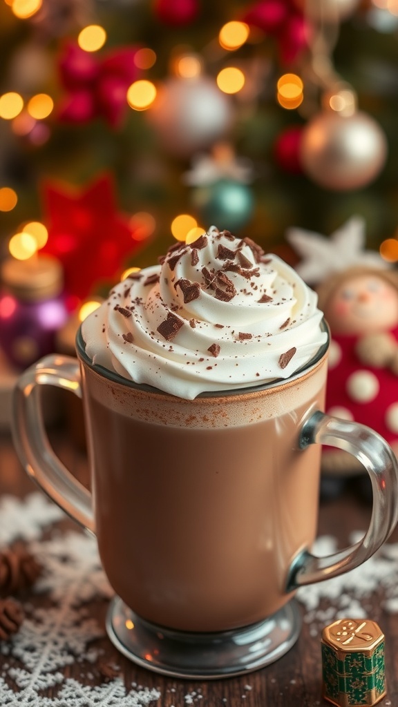 Festive Hot Chocolate Recipe for Christmas A cup of hot chocolate with whipped cream and chocolate shavings in a festive holiday setting.